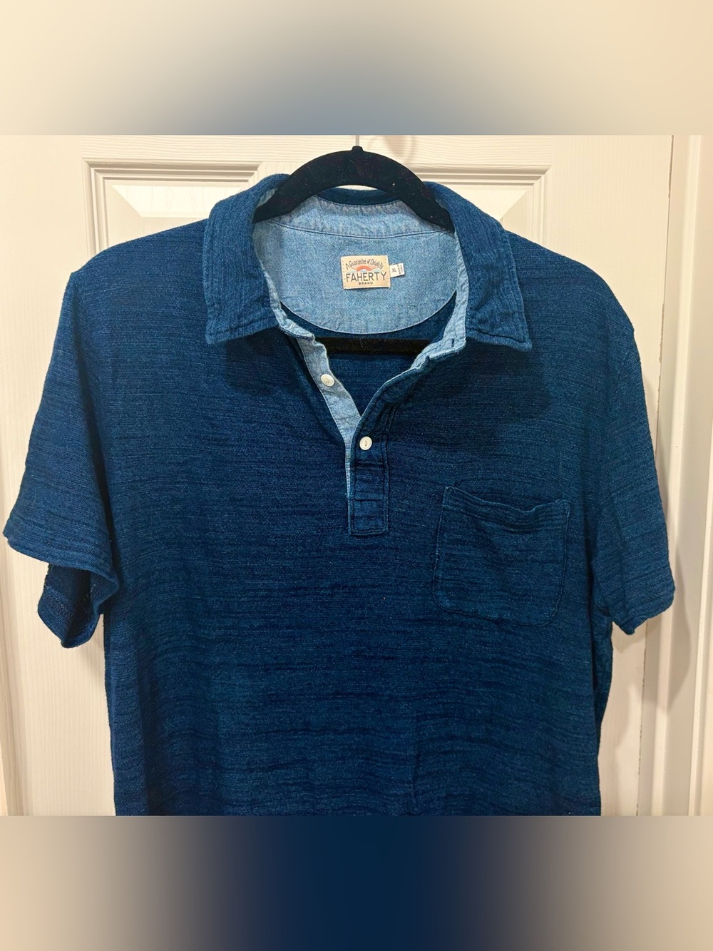 Faherty Indigo Chambray-Collar Short Sleeve Polo